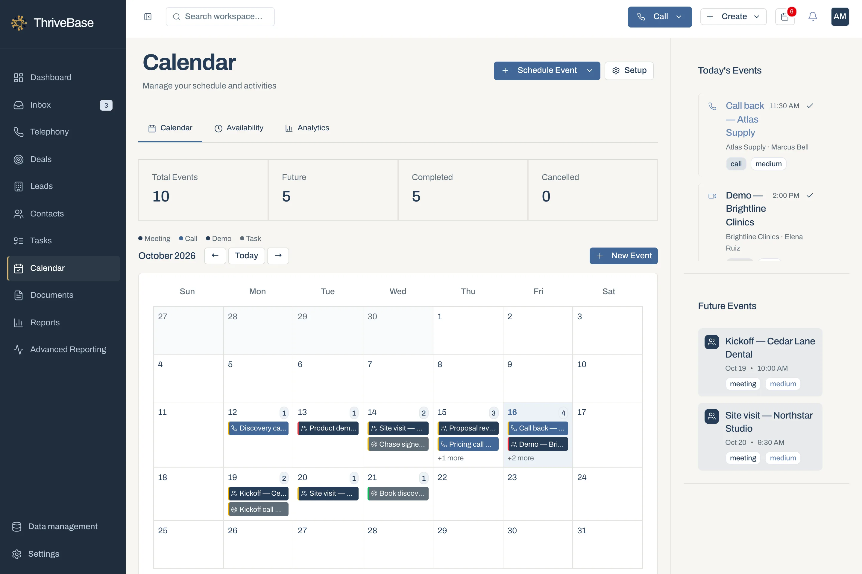 ThriveBase calendar month view with demos, calls and site visits, demo data