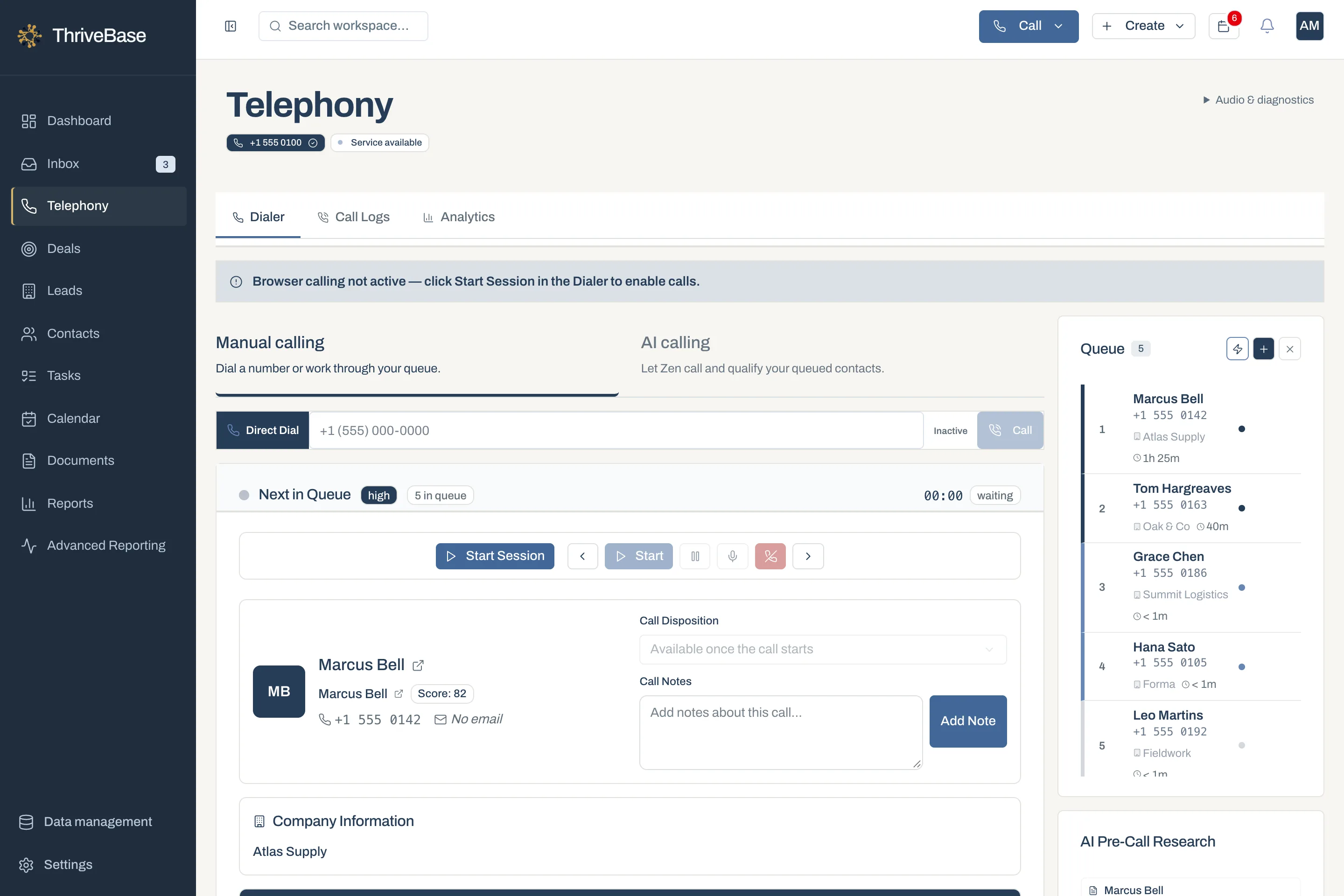 ThriveBase call queue of five contacts with company and wait time, demo data