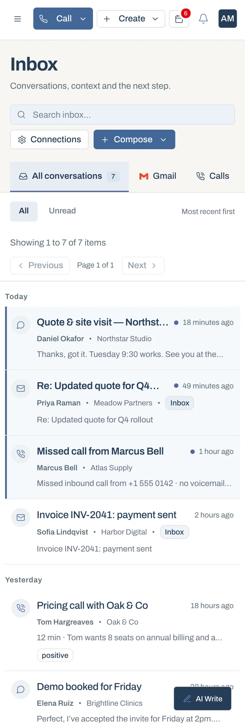 ThriveBase inbox on a phone, demo data