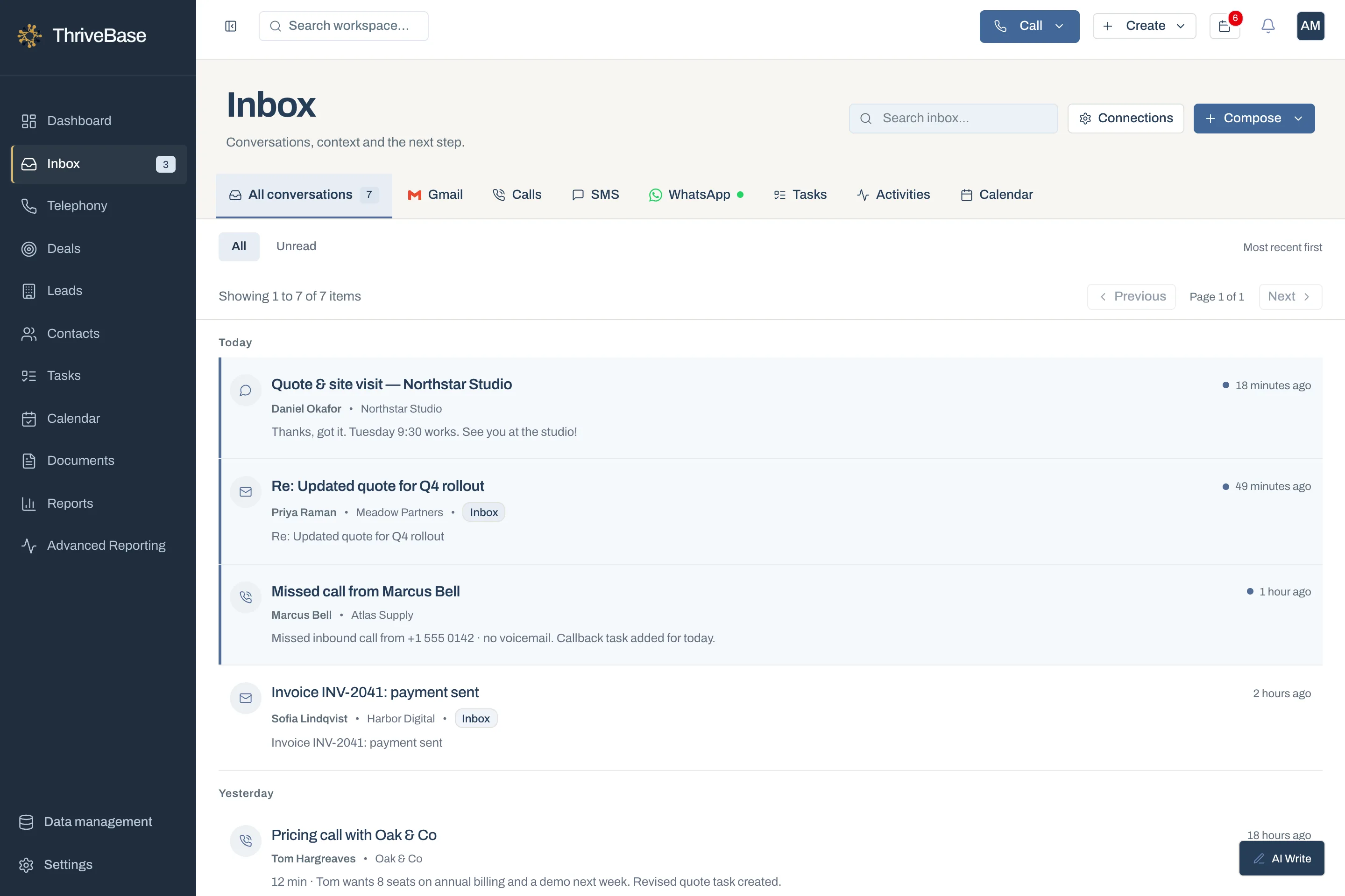 ThriveBase inbox listing WhatsApp, email and call conversations with unread replies, using demonstration data