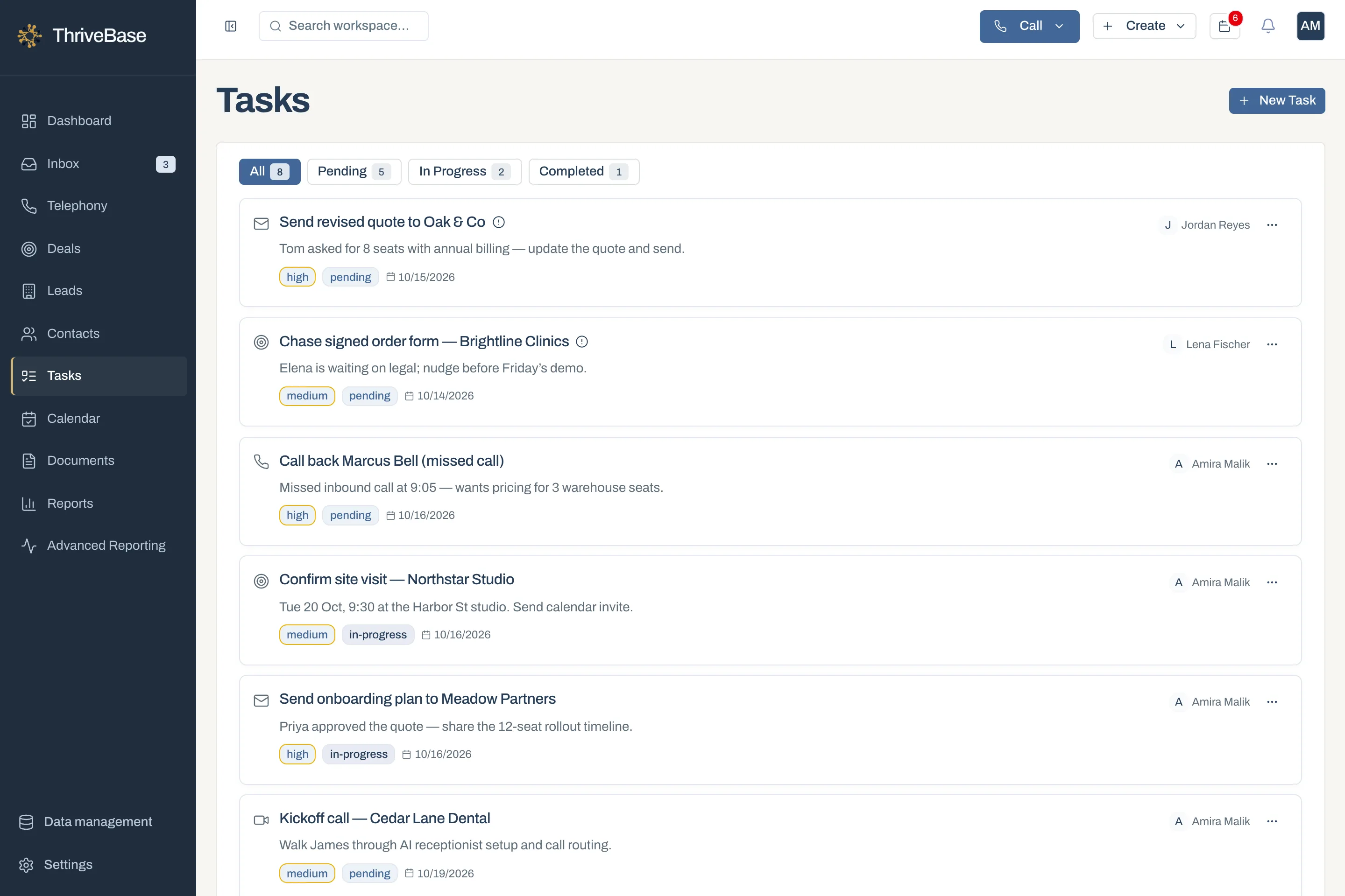 ThriveBase tasks with owners, priorities, status and due dates, demo data