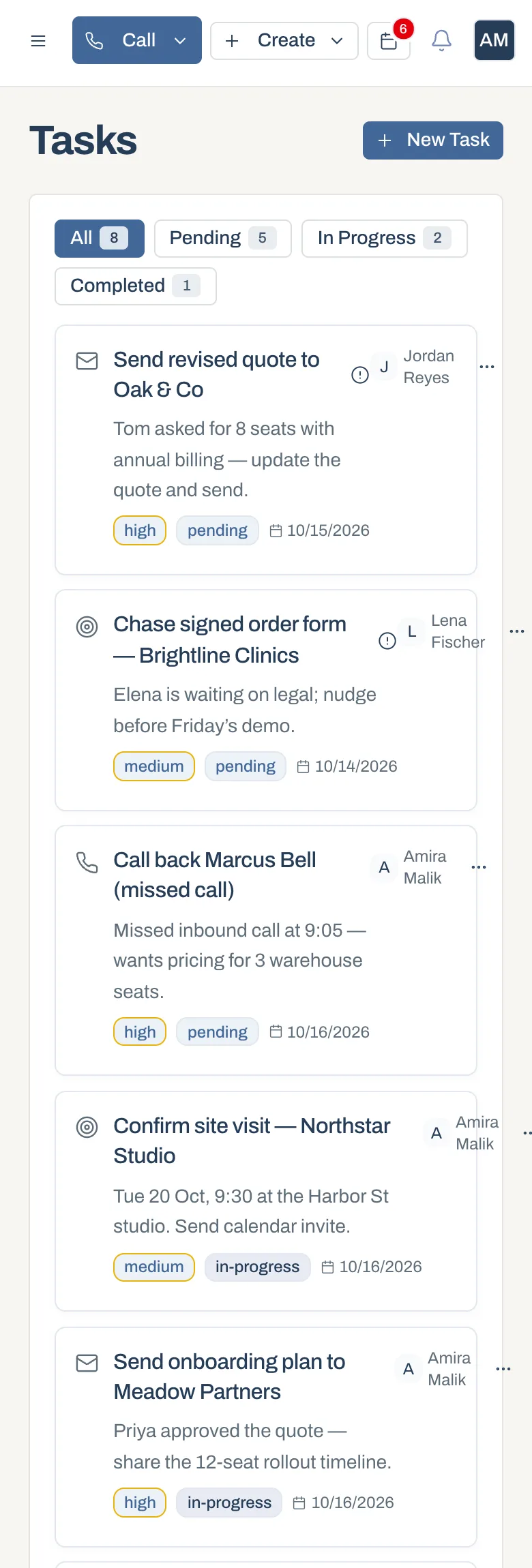 ThriveBase tasks on a phone, demo data