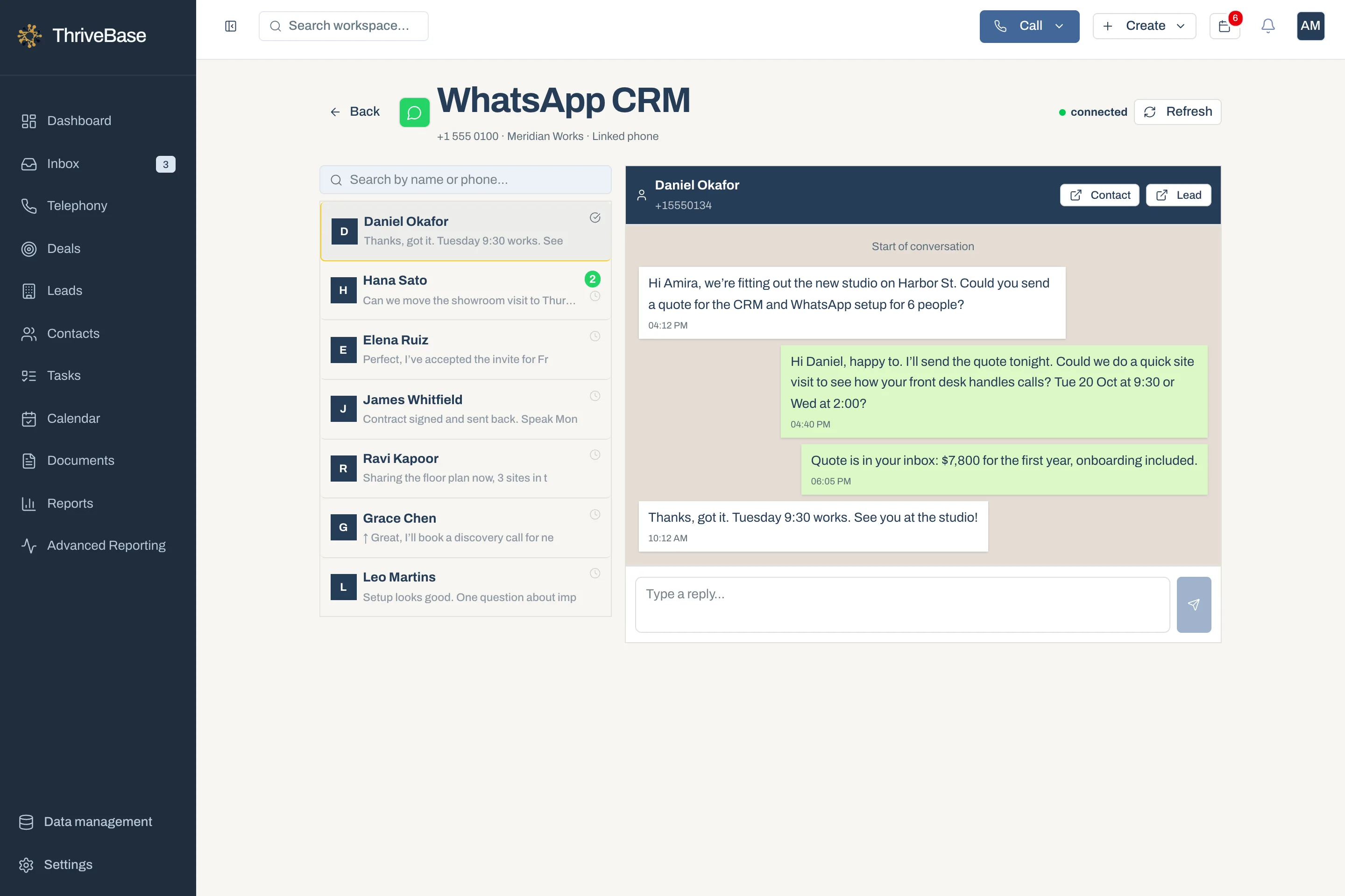 A WhatsApp chat in ThriveBase: quote sent and site visit confirmed, demo data